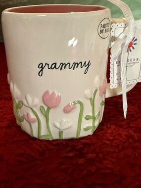 Rae Dunn White Ceramic Mug with Pink & White  3D Tulips 🌷- GRAMMY- NWT